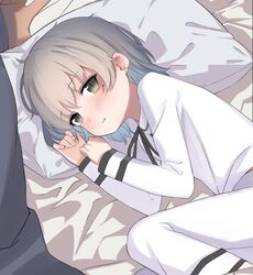  bad_id bad_twitter_id bed_sheet blonde_hair brown_eyes commentary_request female hatoba_tsugu highres horonamin inactive_account looking_at_viewer lying medium_hair mole mole_under_eye on_side pantyhose pillow solo tsugu_(vtuber) virtual_youtuber 