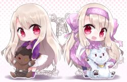  2girls ainu_clothes bear blush bow character_doll chibi commentary_request doll fate/grand_order fate/stay_night fate_(series) hair_between_eyes hairband hairbow heracles_(fate) illyasviel_von_einzbern long_hair long_sleeves looking_at_viewer multiple_girls polar_bear red_eyes shio_kuzumochi shirou_(bear)_(fate) sitonai_(fate) smile stuffed_toy very_long_hair white_hair 