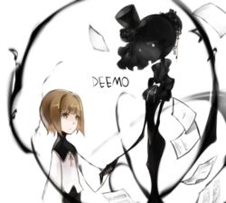  1boy alice_(deemo) bob_cut brown_hair commentary_request deemo deemo_(character) genderswap_(ftm) genderswap_(mtf) holding_hands lestored_cro rule_63 sad sheet_music standing veil wide_sleeves 