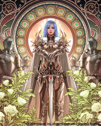  armor blue_hair cape commentary_request copyright_name derigal dragon&#039;s_shadow eudia_(serenity2200) fantasy female flower gauntlets greaves jewelry long_hair looking_afar looking_at_viewer official_art pendant photoshop_(medium) planted planted_sword sheath sheathed standing sword watermark weapon white_cape 