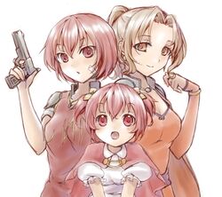  3girls arc_the_lad arc_the_lad_iii breasts brown_eyes brown_hair cheryl_(arc_the_lad) choko_(arc_the_lad) cleavage commentary_request dress earrings gun jewelry looking_at_viewer marsia_(arc_the_lad) medium_hair multiple_girls necklace red_dress short_hair simple_background smile surume_(surume_8738) weapon 