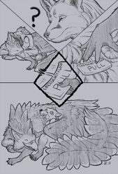  anthro avian black_and_white canid canine duo english_text feathers feral fluffy fox gryphon hi_res humor mammal mirsathia_(artist) monochrome mythological_avian mythological_creature mythology nude question_mark resolute reyna_(reynafox) surprise text 