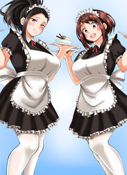  2girls :d absurdres adahcm alternate_costume black_hair blue_background blue_eyes blush boku_no_hero_academia breasts brown_eyes brown_hair commentary enmaided high_ponytail highres holding holding_tray large_breasts looking_at_viewer maid multiple_girls open_mouth pantyhose photoshop_(medium) ponytail short_hair sidelocks smile standing tray uraraka_ochako white_pantyhose yaoyorozu_momo 