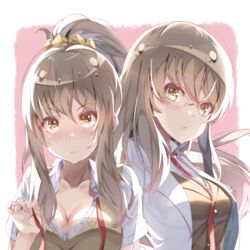  2girls akausuko blush breasts brown_hair brown_vest cleavage closed_mouth collarbone collared_shirt commentary_request dual_persona futaba_rio glasses hair_between_eyes hair_ornament hair_scrunchie high_ponytail highres lab_coat large_breasts long_hair long_sleeves looking_at_viewer multiple_girls necktie no_eyewear open_clothes parted_lips pink_background ponytail red_necktie scrunchie seishun_buta_yarou shirt short_sleeves sidelocks unbuttoned unbuttoned_shirt vest wavy_hair yellow_eyes 