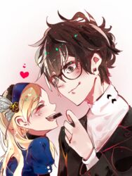  1boy amamiya_ren black_hair chocolate commentary_request glasses headband lavenza_(persona_5) long_hair persona persona_5 school_uniform sonui_(tubasa810) spoilers 