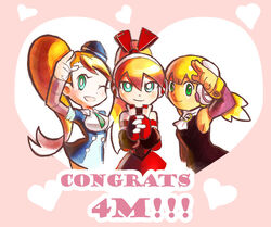  3girls blonde_hair call_(mighty_no._9) call_e call_f call_h colorized commentary_request congratulations detached_sleeves garrison_cap gloves hair_ribbon hat headphones heart long_hair mighty_no._9 multiple_girls multiple_persona necktie one_eye_closed own_hands_clasped own_hands_together pontata ponytail ribbon robot salute side_ponytail smile striped_sleeves twintails uniform 