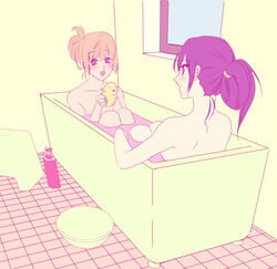  2girls alternate_hairstyle bath bathing bathtub claw_foot_bathtub commentary hair_up himemiya_chikane imotaberu kannazuki_no_miko kurusugawa_himeko multiple_girls rubber_duck same-sex_bathing shared_bathing sitting yuri 