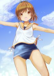  :o aoi_usagi_(marinebluerabbit) bare_legs bare_shoulders barefoot blue_sky brown_eyes brown_hair cloud commentary_request day female high_ponytail highres i-401_(kancolle) kantai_collection leg_up looking_at_viewer one-piece_swimsuit outstretched_arms sailor_collar school_swimsuit sky solo spread_arms swimsuit swimsuit_under_clothes 