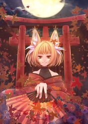  animal_ears autumn_leaves bare_shoulders blonde_hair female folding_fan fox_ears fox_tail hand_fan japanese_clothes kimono kitsune leaf maple_leaf misono_mitama moon original paper_fan short_hair sleeves_past_wrists smile solo tail torii yellow_eyes 