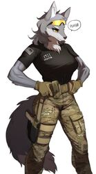  2018 absurd_res anthro breasts camo canid canine canis cervina chest_tuft clothing countershading digital_media_(artwork) eyewear female flag fluffy fluffy_tail fur glasses grey_body grey_fur gun hair hi_res holster m45 mammal pgm300 ranged_weapon shaded solo tail text tuft united_states_of_america weapon wolf yellow_eyes 