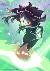  blunt_bangs boots brown_hair commentary_request dress female frown glowing kagari_atsuko little_witch_academia lolivia long_hair long_sleeves looking_at_viewer open_mouth outstretched_arm red_eyes shiny_rod_(little_witch_academia) sidelocks solo sparkle watermark wide_sleeves 