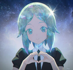  androgynous aqua_eyes aqua_hair c_home colored_eyelashes crystal_hair gem_uniform_(houseki_no_kuni) heart heart_hands houseki_no_kuni looking_at_viewer necktie phosphophyllite short_hair signature smile solo upper_body 