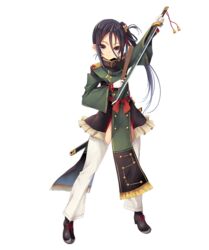  alpha_transparency black_hair chokutou detached_leggings female fukai_ryosuke full_body gloves hair_between_eyes hair_ornament jacket long_hair official_art purple_eyes shichiseiken_(tenka_hyakken) side_ponytail side_slit smile solo sword tassel tenka_hyakken transparent_background weapon white_gloves 