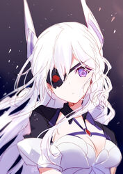  bison_cangshu black_dress blush breasts chinese_commentary cleavage closed_mouth commentary_request dress eyepatch female hair_between_eyes head_tilt headgear long_hair looking_at_viewer medium_breasts photoshop_(medium) purple_eyes short_sleeves sirius_(warship_girls_r) solo very_long_hair warship_girls_r white_hair 