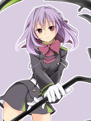  brown_eyes commentary_request female gatakenjin gloves hiiragi_shinoa long_hair owari_no_seraph photoshop_(medium) purple_hair ribbon school_uniform scythe skirt smile solo thighhighs 