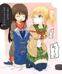  2girls arms_behind_back blonde_hair blue_eyes blue_socks blue_thighhighs bondage bondage bondage bound bound_arms breath brown_hair cardigan closed_eyes coat commentary full_body gag gagged green_sailor_collar hair_ornament hair_scrunchie heart highres hoojiro_(found1093) improvised_gag kneeling long_hair long_sleeves m-ko_(hoojiro_(found1093)) mask mouth_mask multiple_girls neckerchief no_shoes one_eye_closed open_mouth original over-kneehighs photoshop_(medium) plaid plaid_sailor_collar plaid_skirt red_neckerchief red_rope red_sailor_collar rope s-ko_(hoojiro_(found1093)) sailor_collar school_uniform scrunchie shibari_over_clothes side_ponytail skirt socks spoken_heart surgical_mask sweat tape tape_gag thighhighs translated 