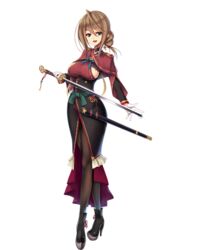  alpha_transparency ankle_boots boots breasts brown_hair dress female fukai_ryosuke full_body green_eyes hair_bun heishishourinken_(tenka_hyakken) high_heel_boots high_heels large_breasts long_hair official_art sash sideboob single_hair_bun smile solo sword tenka_hyakken transparent_background weapon 