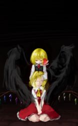  2girls angel_wings ascot black_vest black_wings blonde_hair bow collared_shirt commentary_request covering_another&#039;s_eyes covering_own_eyes dark evil_smile flandre_scarlet hairbow hand_on_another&#039;s_chin hand_over_another&#039;s_eyes hands_on_lap highres multiple_girls red_eyes red_skirt red_vest rumia seiza shirt short_hair sitting skirt smile touhou vest white_shirt wings zakozako_y 