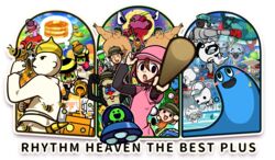  air_batter aircraft airplane baseball_bat baseball_uniform basketball_hoop bee blush_stickers bow bowtie bug canine chorus_man commentary_request copyright_name dj_yellow dog_ninja everyone faceless feline finger_to_mouth food golfer_(rhythm_tengoku) gottsan_brothers hat heart helmet highres honeypot karateka_(rhythm_tengoku) leader_(rhythm_tengoku) mandrill_(animal) mandrill_(rhythm_tengoku) monkey_(rhythm_tengoku) multiple_boys multiple_girls ninja onigiri open_mouth pancake pitcher_(rhythm_tengoku) pith_helmet pointing punching_bag quick_(rhythm_tengoku) rhythm_tengoku rhythm_tengoku_the_best+ robot slow_(rhythm_tengoku) space_umpire sportswear student_(rhythm_tengoku) sumo tendoshi thought_bubble ufo 