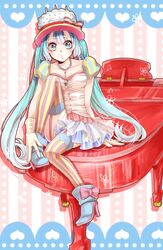  aqua_eyes aqua_hair cake_hat commentary_request female fork garter_straps gloves hat hatsune_miku high_heels highres hona_(platinum_egg) jewelry long_hair necklace sitting skirt solo striped_clothes striped_thighhighs thighhighs twintails vertical-striped_clothes vertical-striped_thighhighs very_long_hair vocaloid 