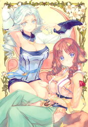  2girls absurdres amazuyu_tatsuki animal_ears armpits blue_eyes blue_hair breasts brown_hair cleavage detached_sleeves drill_hair flower fumirul hair_ornament highres kneeling large_breasts long_hair long_sleeves looking_at_viewer multiple_girls munechika official_art parted_lips plant scan sidelocks simple_background sitting tail underboob utawarerumono utawarerumono:_futari_no_hakuoro vines wide_sleeves 