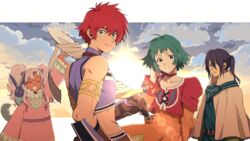  2boys 2girls arm_up back_bow backlighting blue_hair bow choker closed_eyes cloud commentary_request copyright_name dark-skinned_female dark_skin farah_oersted green_hair keele_zeibel looking_back manaka_(gunjooou) meredy_(tales) multiple_boys multiple_girls out_of_frame pink_hair quickie_(tales) red_choker red_hair reid_hershel ribbon_choker sky sun sunlight sunset sword tales_of_(series) tales_of_eternia weapon 