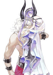  1boy asterios_(fate/grand_order) bare_shoulders carrying dress earrings euryale fate/grand_order fate/hollow_ataraxia fate_(series) female frills grey_hair hairband horns jewelry long_hair purple_eyes purple_hair red_eyes topless twintails very_long_hair 