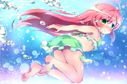  :t ahoge air_bubble barefoot bikini blush breath bubble commentary_request feet female freediving green_bikini green_eyes holding_breath long_hair looking_at_viewer mochizuki_usagi original red_hair soles solo swimming swimsuit toes underwater 