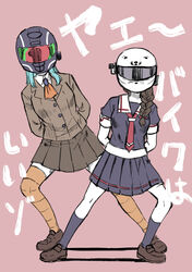  2girls arms_behind_back ascot black_serafuku blue_hair blue_skirt braid brown_footwear brown_hair collared_shirt commentary_request contrapposto covered_face facing_viewer grey_jacket grey_skirt helmet ishii_hisao jacket kantai_collection kneehighs legs_apart motorcycle_helmet multiple_girls necktie orange_ascot orange_thighhighs parody pink_background pleated_skirt poptepipic poptepipic_pose purple_shirt purple_socks red_necktie sailor_collar school_uniform serafuku shigure_(kancolle) shirt shoes short_sleeves single_braid skirt socks standing suzuya_(kancolle) thighhighs translation_request white_sailor_collar wing_collar 