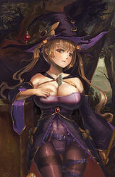  amibazh azur_lane bat_hair_ornament belt between_breasts black_pantyhose blonde_hair breasts buckle candy cape cleavage cloud cloudy_sky commentary cowboy_shot detached_sleeves dress female food food-themed_hair_ornament gem hair_ornament halloween halloween_costume hand_up hat jack-o&#039;-lantern large_breasts leotard lollipop long_hair looking_at_viewer nelson_(azur_lane) nelson_(luna_witch)_(azur_lane) official_alternate_costume pantyhose photoshop_(medium) potion pumpkin_hair_ornament purple_leotard red_eyes red_gemstone shaded_face sidelocks simple_background sky solo taut_leotard thigh_strap thighband_pantyhose tree twintails very_long_hair vial wide_sleeves witch_hat 