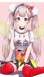  :o alternate_hairstyle black_choker black_footwear black_hairband black_scrunchie black_skirt blush breasts brown_hair choker clothes_writing collarbone commentary elf elu_(1st_costume)_(nijisanji) elu_(nijisanji) female flower green_wings hair_flower hair_ornament hairband highres i_heart... long_hair looking_at_viewer medium_breasts nijisanji parted_lips pink_background pleated_skirt pointy_ears racchi. red_eyes red_flower red_thighhighs scrunchie shirt shoes short_sleeves skirt solo t-shirt thighhighs translated twintails very_long_hair virtual_youtuber white_shirt wings wrist_scrunchie 