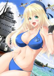  a6m_zero aircraft airplane atago_(cruiser) atago_(kancolle) bikini blonde_hair blue_bikini blush breasts cleavage commentary_request female flying_boat gloves green_eyes h8k hat heavy_cruiser highres historical_name_connection ichikawa_feesu kantai_collection large_breasts long_hair name_connection navel object_namesake ocean open_mouth shiny_skin side-tie_bikini_bottom smile solo swimsuit thigh_gap water 