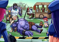  ^_^ ^o^ alistar_(league_of_legends) annie_(league_of_legends) armlet belt blood blue_hair blue_skirt brand_(league_of_legends) breasts brown_hair bucket caitlyn_(league_of_legends) cart caution_tape chair cleavage cleaver closed_eyes crime_scene cuffs dagger death dr._mundo field fingernails fire full_body garen_(league_of_legends) grass green_eyes hat katarina_(league_of_legends) knife lantern league_of_legends loincloth long_hair mary_janes medium_breasts midriff minotaur monster muscular navel nose_piercing paper_lantern piercing pink_hair pleated_skirt police police_hat police_uniform policewoman puffy_sleeves red_hair shackles shoes skirt squatting stomach stool teeth thighs tibbers translation_request twisted_fate uniform very_long_hair vi_(league_of_legends) weapon 