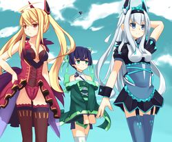  3girls blonde_hair blue_eyes blue_hair blue_thighhighs brown_legwear commentary_request dark_blue_hair dodonpachi dodonpachi_saidaioujou dress frills frown green_eyes hairband hikari_(saidaioujou) himajin_(starmine) leotard long_hair maria_(saidaioujou) multiple_girls ponytail red_eyes red_leotard short_hair shuri_(saidaioujou) skirt sky smile thighhighs white_hair white_legwear 