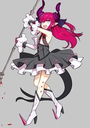  :d absurdres armpits asymmetrical_horns black_skirt blood blue_eyes boots bow commentary_request curled_horns detached_sleeves dh_ead dragon_girl dragon_horns dragon_tail elizabeth_bathory_(fate) elizabeth_bathory_(fate/extra_ccc) elizabeth_bathory_(first_ascension)_(fate) fangs fate/extra fate/extra_ccc fate_(series) female floating_hair frills full_body grey_background hairbow hand_up high_heel_boots high_heels highres holding holding_weapon horns knee_boots layered_skirt long_hair looking_at_viewer looking_down miniskirt one_side_up open_mouth pink_hair pointy_ears polearm purple_bow sarkany_csont_landzsa sidelocks simple_background skirt smile solo tail teeth thighs uneven_horns upper_teeth_only weapon white_footwear 