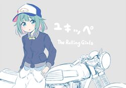  :o bad_id bad_twitter_id check_(check_book) collared_shirt copyright_name female green_eyes green_hair grey_background hat jacket kosaka_yukina looking_at_viewer motor_vehicle motorcycle shirt short_hair simple_background solo the_rolling_girls 