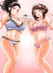  2girls absurdres adahcm bare_legs black_hair blue_bra blue_panties blush boku_no_hero_academia bra breasts brown_hair cleavage commentary hair_pulled_back headdress highres large_breasts legs lingerie looking_at_viewer maid medium_breasts multiple_girls navel panties photoshop_(medium) pink_bra pink_panties short_hair smile stomach tied_hair underwear uraraka_ochako yaoyorozu_momo 