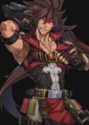  1boy armband belt belt_buckle brown_hair buckle commentary_request gloves guilty_gear headband highres holding holding_weapon junkyard_dog_mk_iii long_hair male_focus muscular pointing pointing_at_self samei_ikusa sol_badguy solo weapon yellow_eyes 