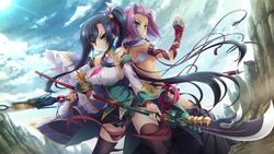  2girls back-to-back bandages bare_shoulders black_hair black_legwear breasts cape chouryou_(shia) cloud dark-skinned_female dark_skin day detached_sleeves gauntlets green_eyes highres hikage_eiji impossible_clothes kan&#039;u_(koihime_musou) koihime_musou large_breasts long_hair medium_breasts multiple_girls necktie pleated_skirt polearm ponytail purple_hair shin_koihime_musou sideboob sidelocks skirt smile sun thighhighs underboob very_long_hair weapon yellow_eyes zettai_ryouiki 