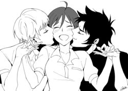  2boys ahoge amamfoy asuka_ryou blush boy_sandwich closed_eyes commentary_request devilman devilman_crybaby double_cheek_kiss female fingernails fudou_akira greyscale holding_hands kissing kissing_cheek laughing makimura_miki monochrome multiple_boys sandwiched short_hair short_sleeves signature upper_body 