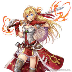  armor bikini_armor blonde_hair blue_hair commentary_request female fire gloves headdress jewelry long_hair looking_at_viewer madogawa necklace official_art original photoshop_(medium) skirt smile solo sword tower_of_dragon weapon 