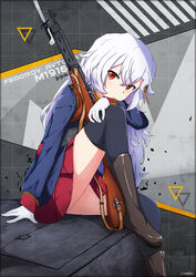  alpha_(alpha1918) assault_rifle bayonet fedorov_avtomat girls_frontline gloves gun hair_ornament hairpin highres looking_at_viewer military military_uniform red_eyes rifle russian russian_empire sitting sitting_on_object thighhighs uniform weapon white_hair xandier59 zettai_ryouiki 