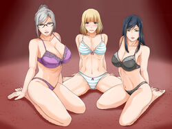  3girls black_bra black_eyes black_hair black_panties blonde_hair blush bra breasts cleavage embarrassed feet full_body glasses green_eyes grey_hair hair_up highres huge_breasts kurihara_mari_(prison_school) large_breasts legs long_hair looking_at_viewer midorikawa_hana mound_of_venus multiple_girls navel panties parted_lips prison_school purple_bra purple_panties red_eyes shiraki_meiko short_hair silver_hair simple_background sitting smile striped striped_bra striped_panties thighs toes underwear 