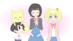  3girls alice_cartelet animal animal_on_head arms_behind_back bad_id bad_pixiv_id black_hair blonde_hair blue_eyes blunt_bangs bob_cut bow bowtie cardigan closed_eyes crossover fox gugure!_kokkuri-san hair_ornament ichimatsu_kohina kin-iro_mosaic kokkuri-san_(gugukoku) look-alike looking_at_another looking_at_viewer moegi_high_school_uniform multiple_girls on_head oomiya_shinobu own_hands_together school_uniform short_hair smile twintails undershaft 