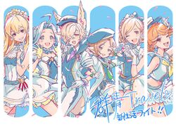  2boys 4girls ahoge blonde_hair blue_hair blush bow brown_hair commentary_request crying djeeta_(granblue_fantasy) erune frills gloves granblue_fantasy hair_over_one_eye harvin hat highres idol kou_(granblue_fantasy) lyria_(granblue_fantasy) mary_(granblue_fantasy) minaba_hideo multiple_boys multiple_girls official_art one_eye_closed open_mouth skirt smile vermeil_(granblue_fantasy) vira_(granblue_fantasy) white_gloves 