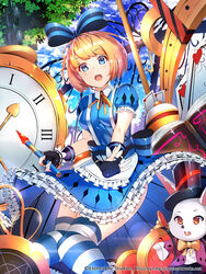  :o alice_(alice_in_wonderland) alice_in_wonderland apron black_gloves blonde_hair blue_dress blue_eyes bow breasts card clock commentary day dress english_commentary eternal_wars female frills gloves hairbow highres knees_together_feet_apart medium_breasts official_art open_mouth partially_fingerless_gloves petticoat photoshop_(medium) puff_and_slash_sleeves puffy_sleeves rabbit solo_focus striped_clothes striped_thighhighs suspenders sysen thighhighs waist_apron watermark web_address 