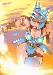  armor bad_id bad_twitter_id blue_armor blue_thighhighs breasts brown_gloves brown_hair cleavage daisy_(dq) dragon_quest dragon_quest_yuusha_abel_densetsu dress fake_horns faulds female gloves helmet horned_helmet horns large_breasts long_hair ojo_(dfreak) red_eyes running solo sword thighhighs weapon 