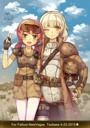  2girls absurdres animification arm_guards armor bandages bandaid belt bird blonde_hair brown_eyes canteen cloud cloudy_sky commentary day dress fallout:_new_vegas fallout_(series) fingerless_gloves gloves goggles goggles_on_head green_eyes helmet highres hug long_hair moe_(phrase) multiple_girls ncr_trooper ncr_veteran_ranger new_california_republic one_eye_closed outdoors pantyhose photoshop_(medium) pink_hair pouch short_hair sky thighhighs tsubasa_tsubasa twintails unworn_headwear unworn_helmet v zettai_ryouiki 