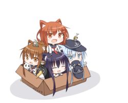  4girls :3 ahoge akatsuki_(kancolle) animal_ears aqua_hair bird black_hair blue_eyes blue_hair box braid brown_eyes brown_hair cardboard_box cat_ears chibi chibi_on_head closed_eyes commentary_request crossed_arms damage_control_goddess_(kancolle) doughnut drooling eating failure_penguin fairy_(kancolle) feline food glasses grey_hair hair_ornament hairclip hat headband hibiki_(kancolle) ikazuchi_(kancolle) in_box in_container inazuma_(kancolle) kantai_collection kemonomimi_mode long_hair miss_cloud multicolored_hair multiple_girls oerba_yun_fang on_head open_mouth prototype_51cm_twin_gun_mount saliva seagull sleeping two-tone_hair unworn_hat unworn_headwear white_cat wurfgerat_42 yamato_tachibana 