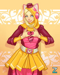  4-fingers_heart_hands animal_ear_headphones animal_ears belt belt_buckle blue_eyes buckle cat_ear_headphones cowboy_shot fake_animal_ears female hat headphones heart heart_hands hijab hijabolic lips mini_hat mini_top_hat muslim necktie nose original smile solo top_hat 